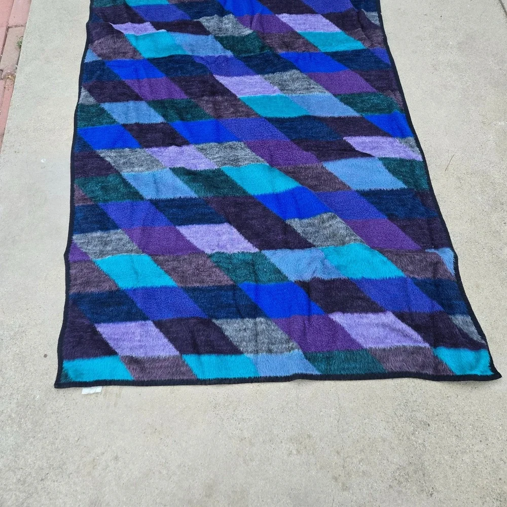 Vtg Biederlack Purple Blue Teal Plaid Checkered Fleece Blanket USA